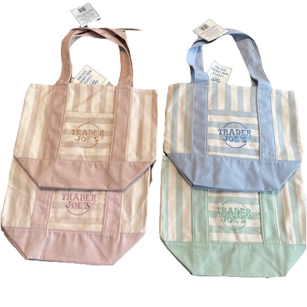 TraderJoe's 4 Mini Pastel Stripe Canvas Tote Bag In Pink,blue,beige,mint